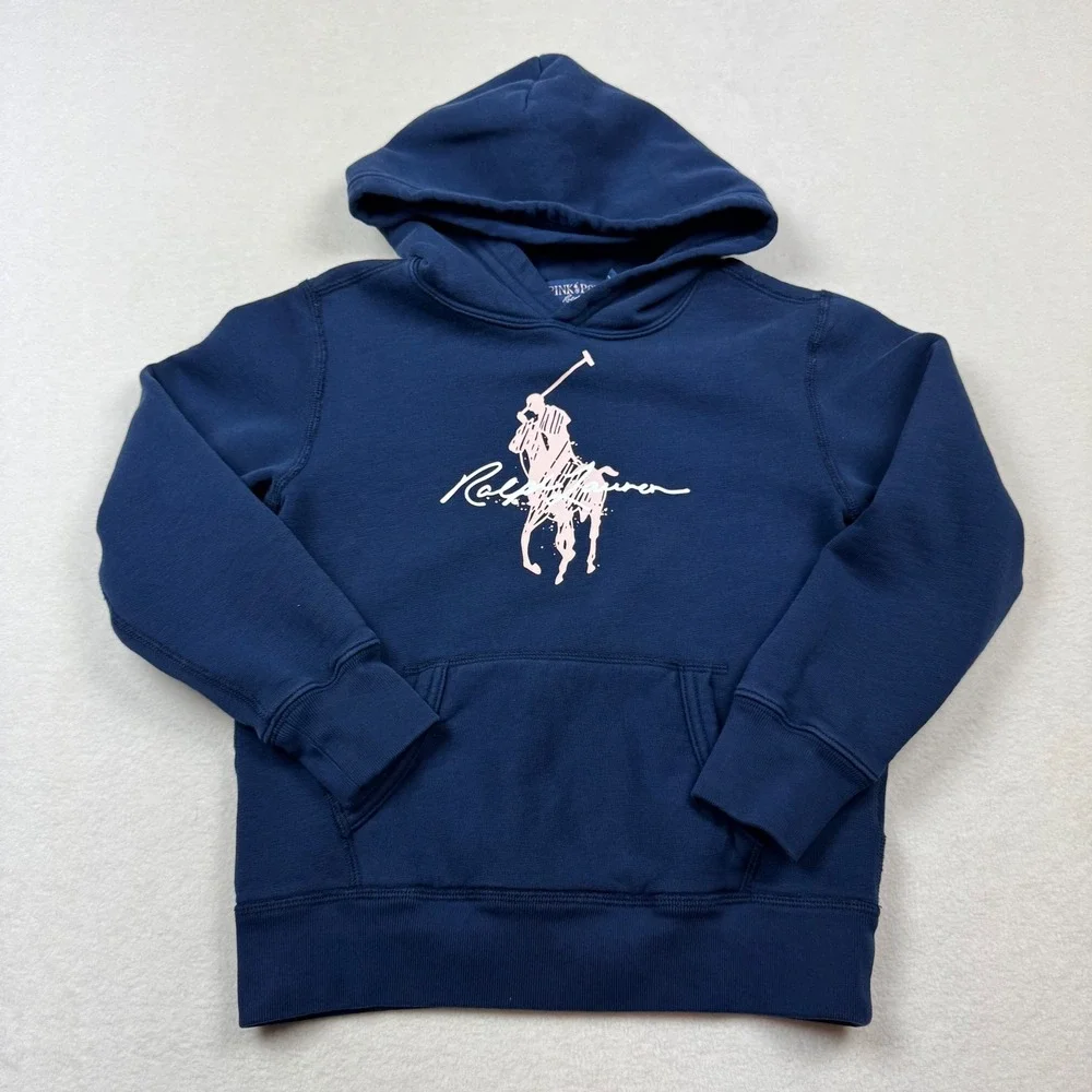 Ralph Lauren Pink‎ Pony Hoodie Kids S Navy Pullover Sweatshirt Girl Logo Script